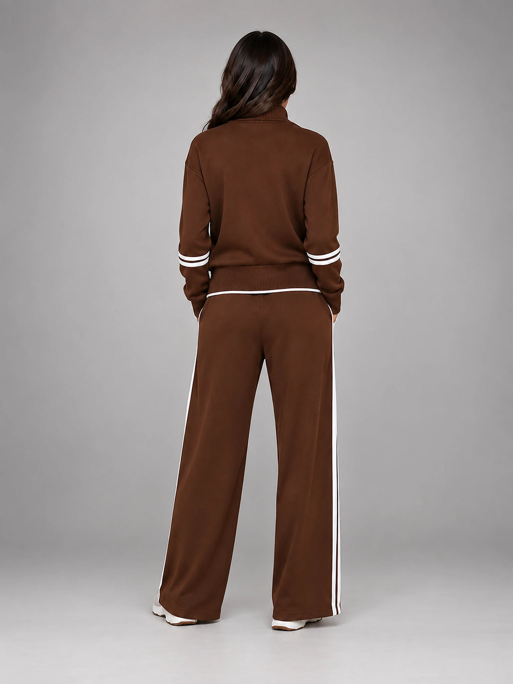 Women's Half Zip Lounge Set – Relaxed Wide Leg - Brown