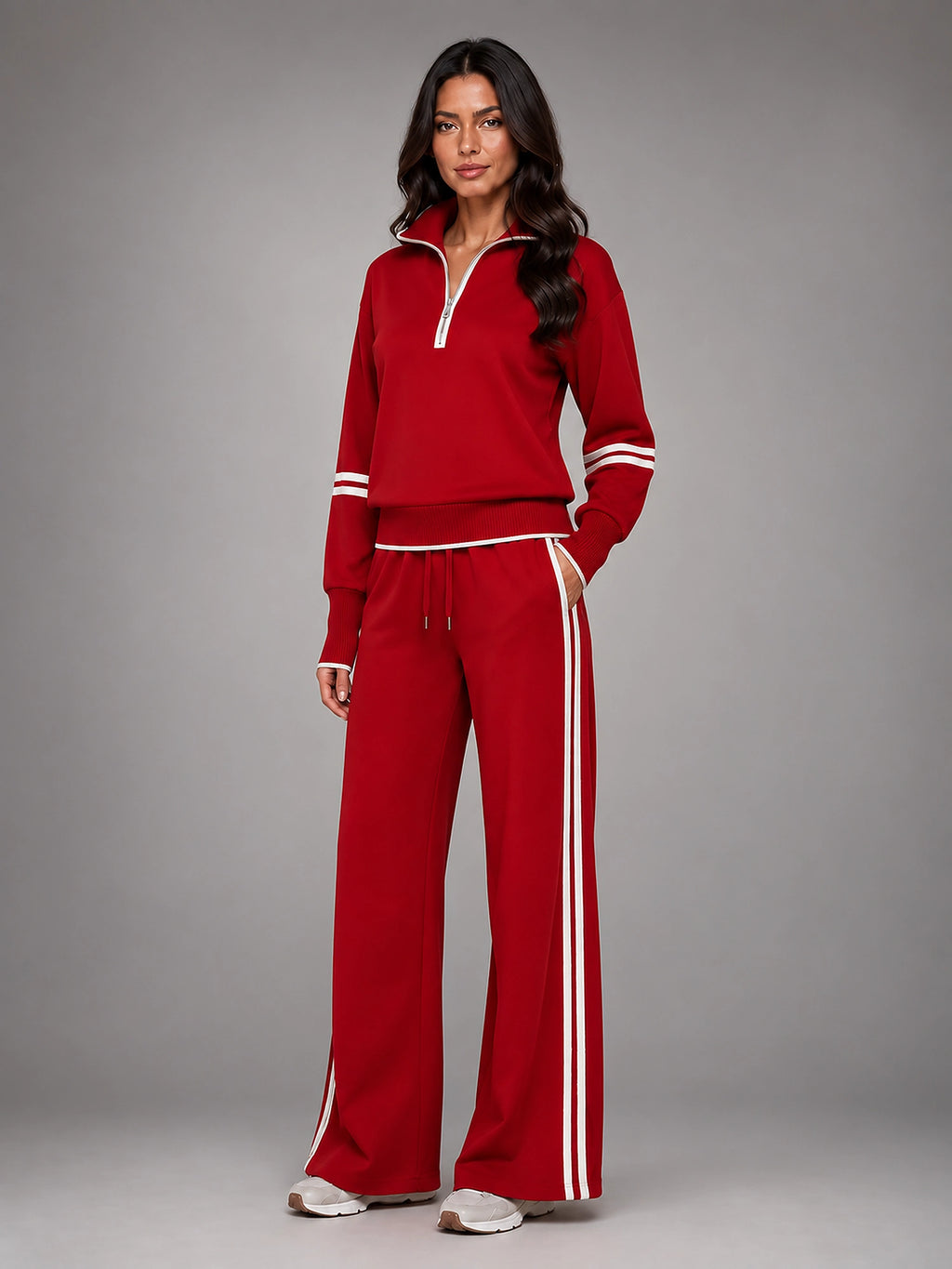 Women's Half Zip Lounge Set – Relaxed Wide Leg - Red
