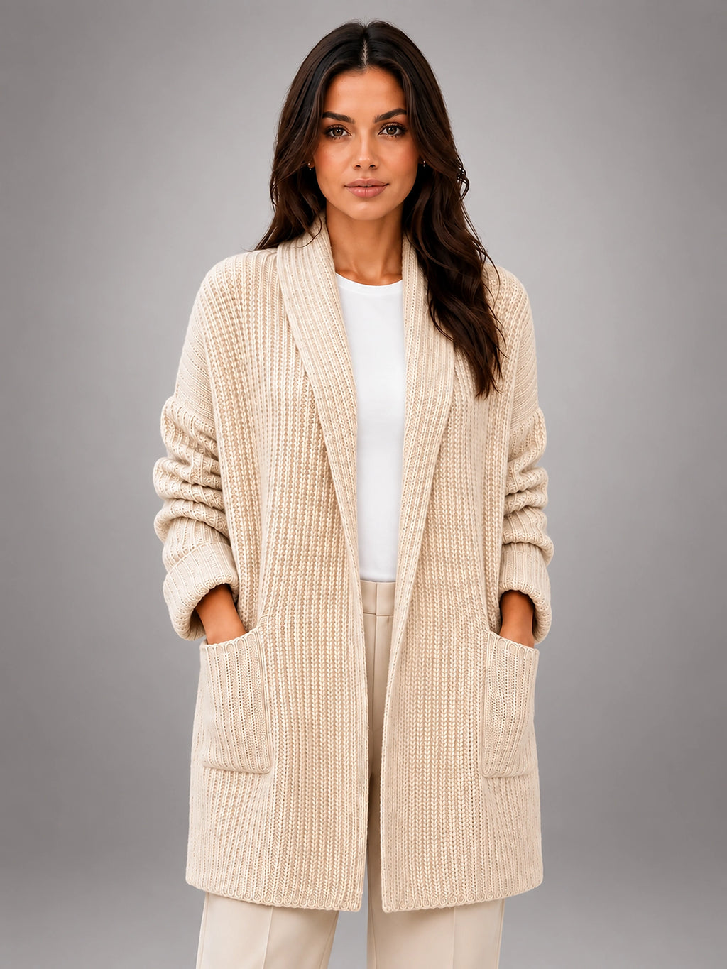 Women's Longline Cardigan – Open Front Pockets - Beige
