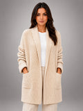 Women's Longline Cardigan – Open Front Pockets - Beige