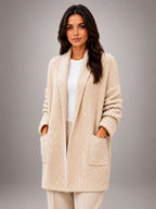Women's Longline Cardigan – Open Front Pockets - Beige