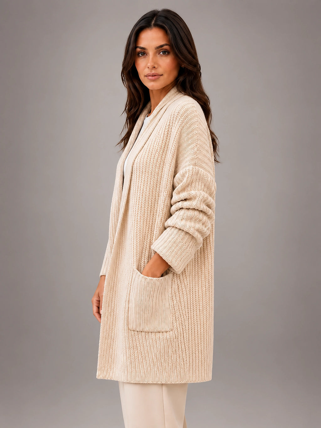 Women's Longline Cardigan – Open Front Pockets - Beige