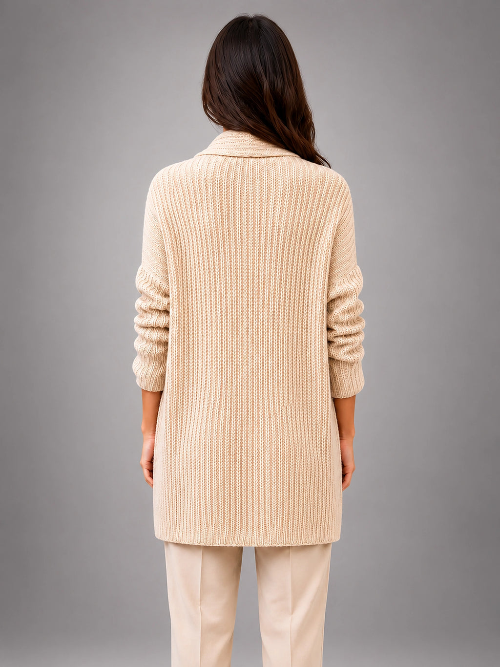 Women's Longline Cardigan – Open Front Pockets - Beige