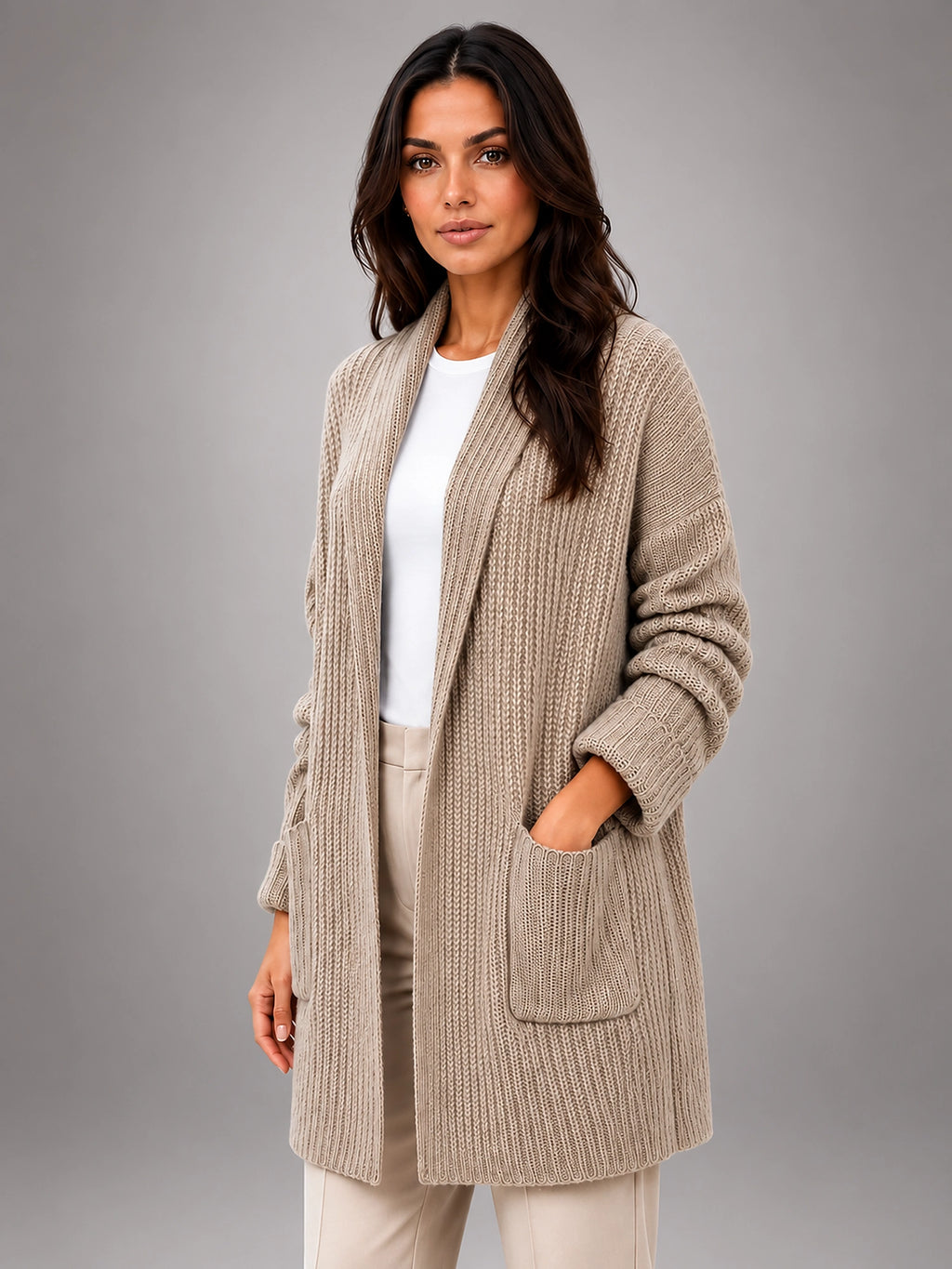 Women's Longline Cardigan – Open Front Pockets - Taupe