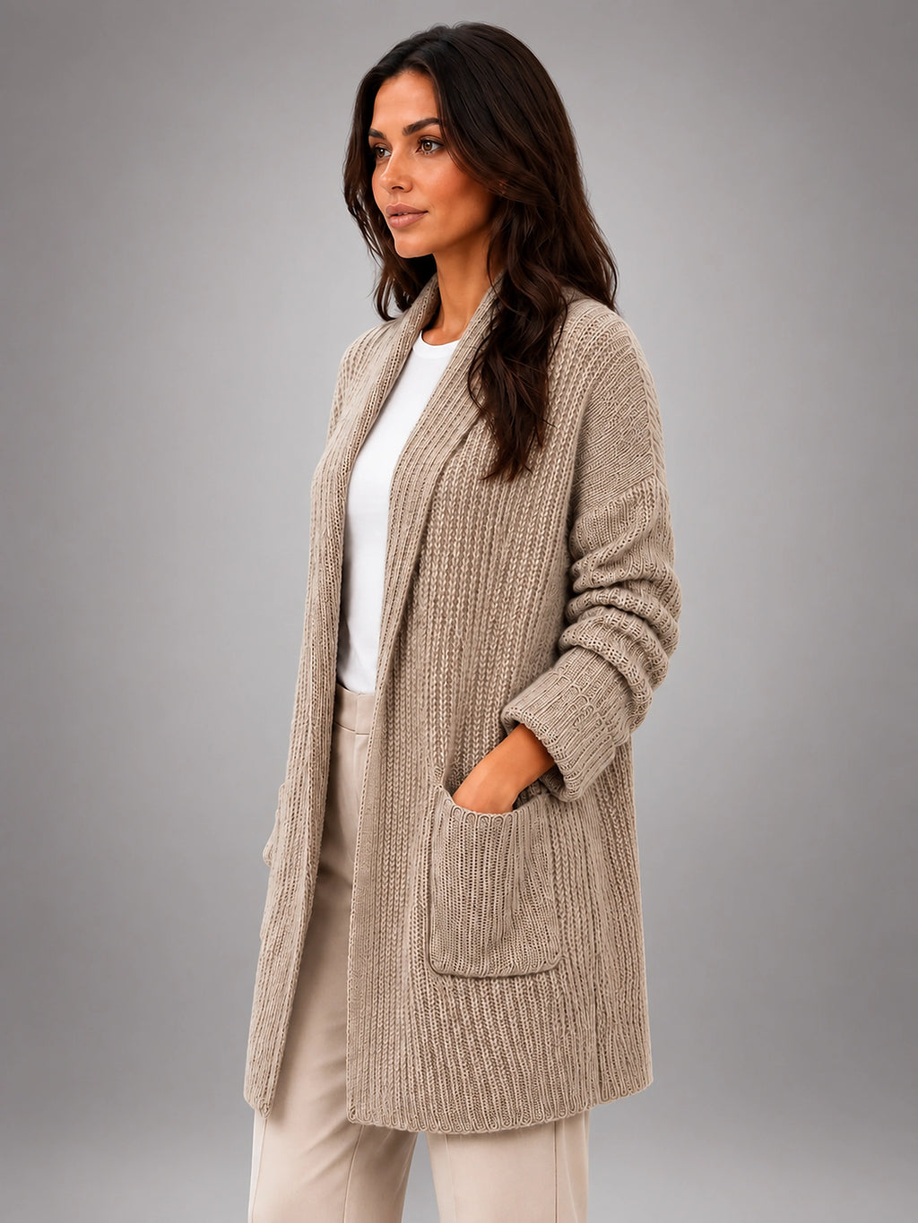 Women's Longline Cardigan – Open Front Pockets - Taupe