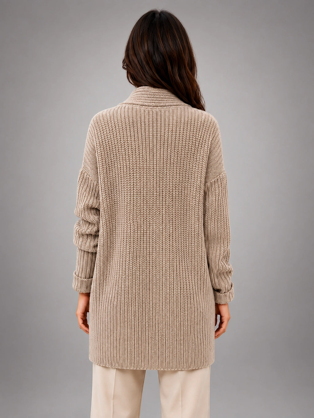 Women's Longline Cardigan – Open Front Pockets - Taupe