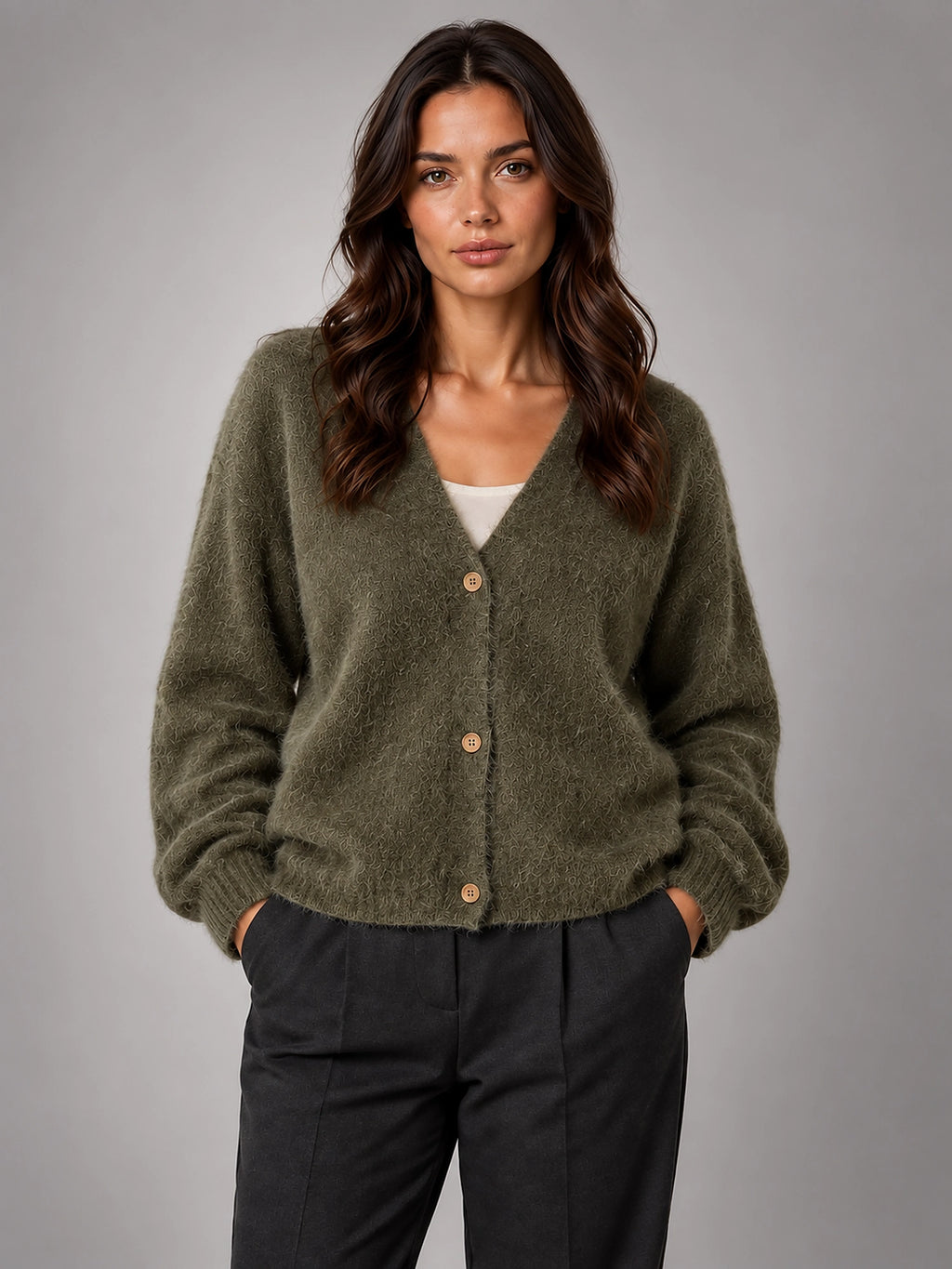 Women's Fluffy Knit Cardigan – Brushed Yarn V Neck - Khaki