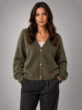 Women's Fluffy Knit Cardigan – Brushed Yarn V Neck - Khaki