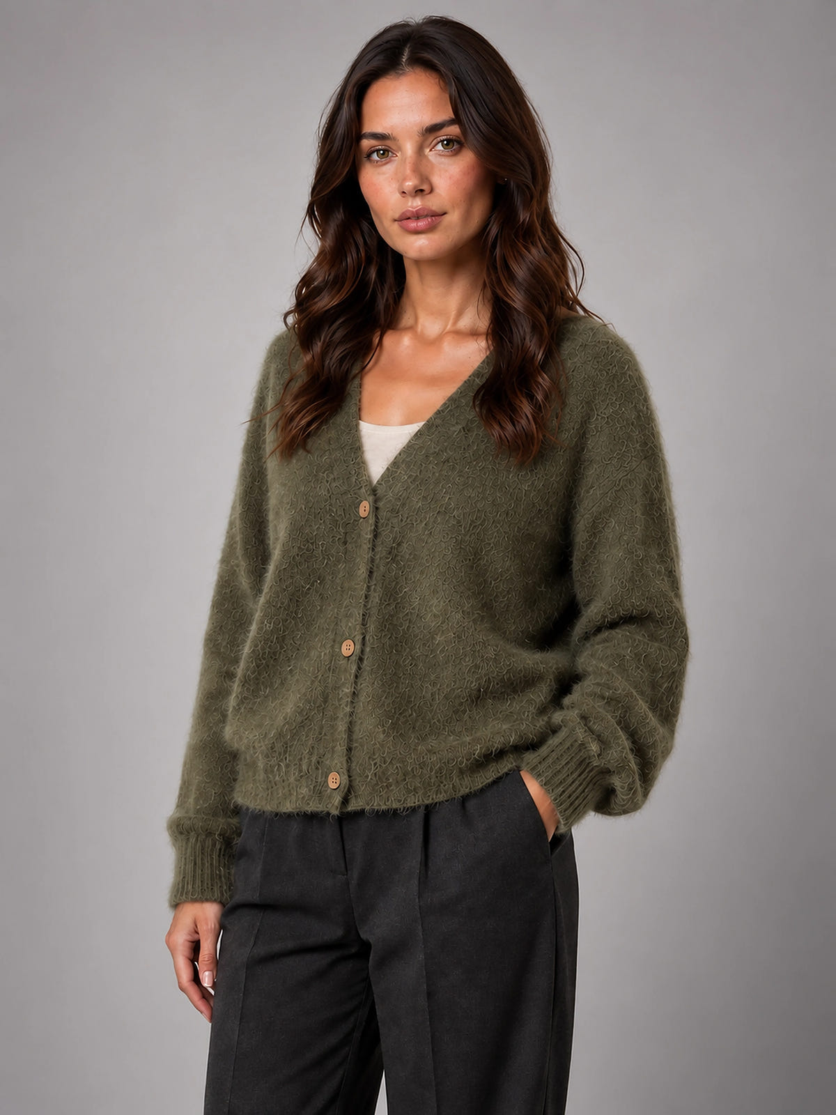Women's Fluffy Knit Cardigan – Brushed Yarn V Neck - Khaki