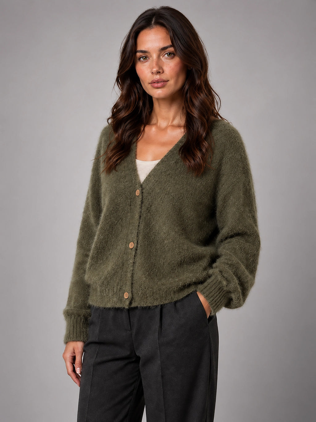 Women's Fluffy Knit Cardigan – Brushed Yarn V Neck - Khaki
