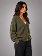 Women's Fluffy Knit Cardigan – Brushed Yarn V Neck - Khaki