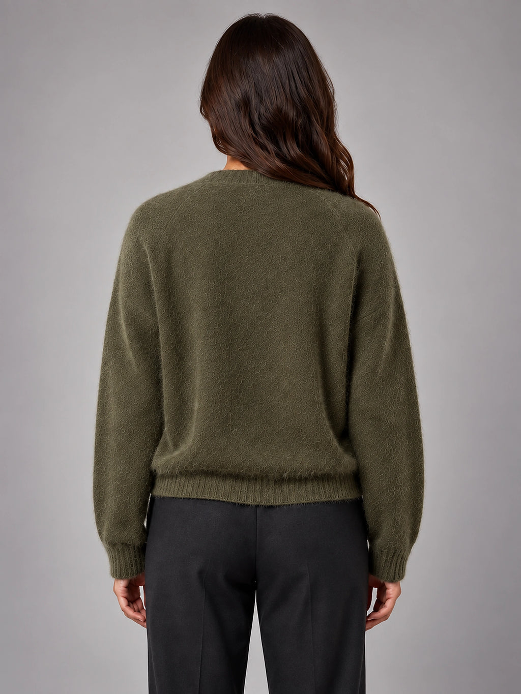 Women's Fluffy Knit Cardigan – Brushed Yarn V Neck - Khaki