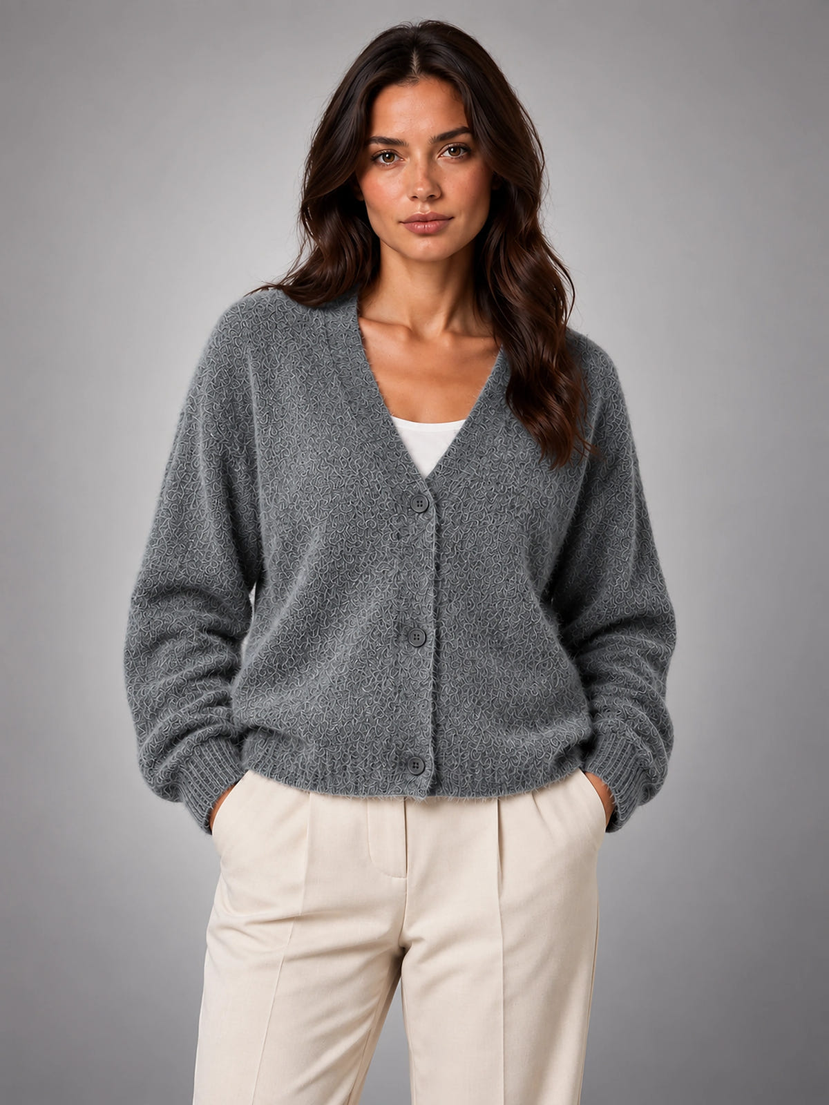Women's Fluffy Knit Cardigan – Brushed Yarn V Neck - Dark Gray