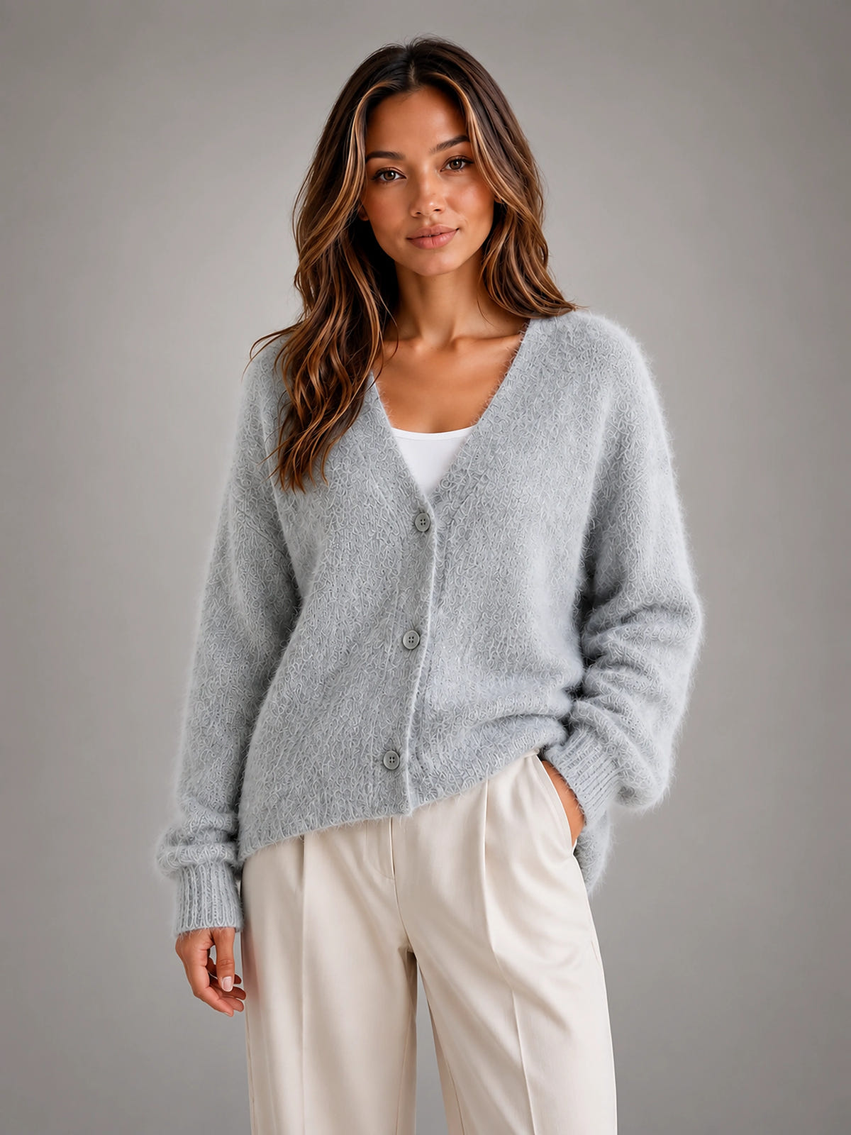 Women's Fluffy Knit Cardigan – Brushed Yarn V Neck - Light Gray