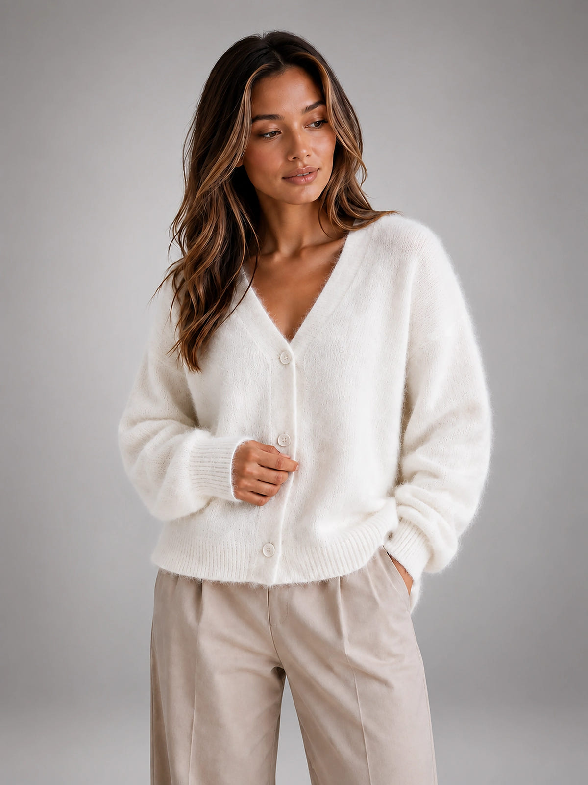 Women's Fluffy Knit Cardigan – Brushed Yarn V Neck - White