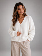 Women's Fluffy Knit Cardigan – Brushed Yarn V Neck - White