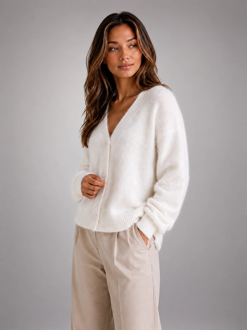 Women's Fluffy Knit Cardigan – Brushed Yarn V Neck - White