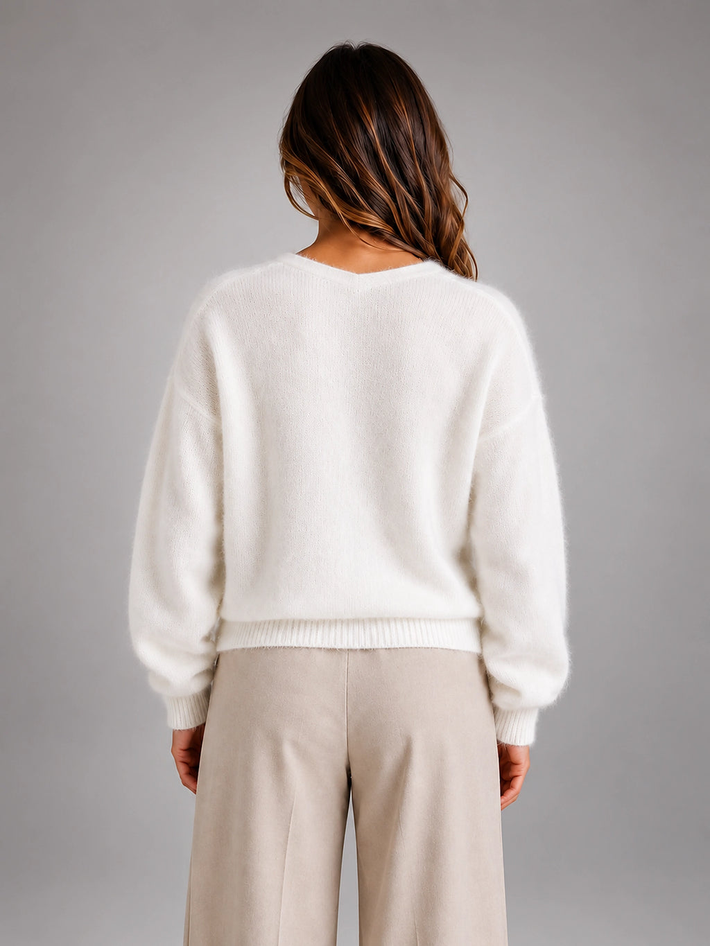 Women's Fluffy Knit Cardigan – Brushed Yarn V Neck - White