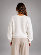Women's Fluffy Knit Cardigan – Brushed Yarn V Neck - White