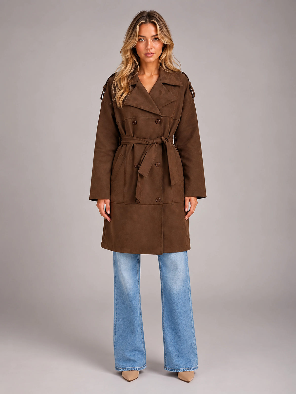 Women's Faux Suede Trench Coat – Long Belted - Brown