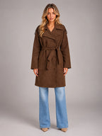 Women's Faux Suede Trench Coat – Long Belted - Brown