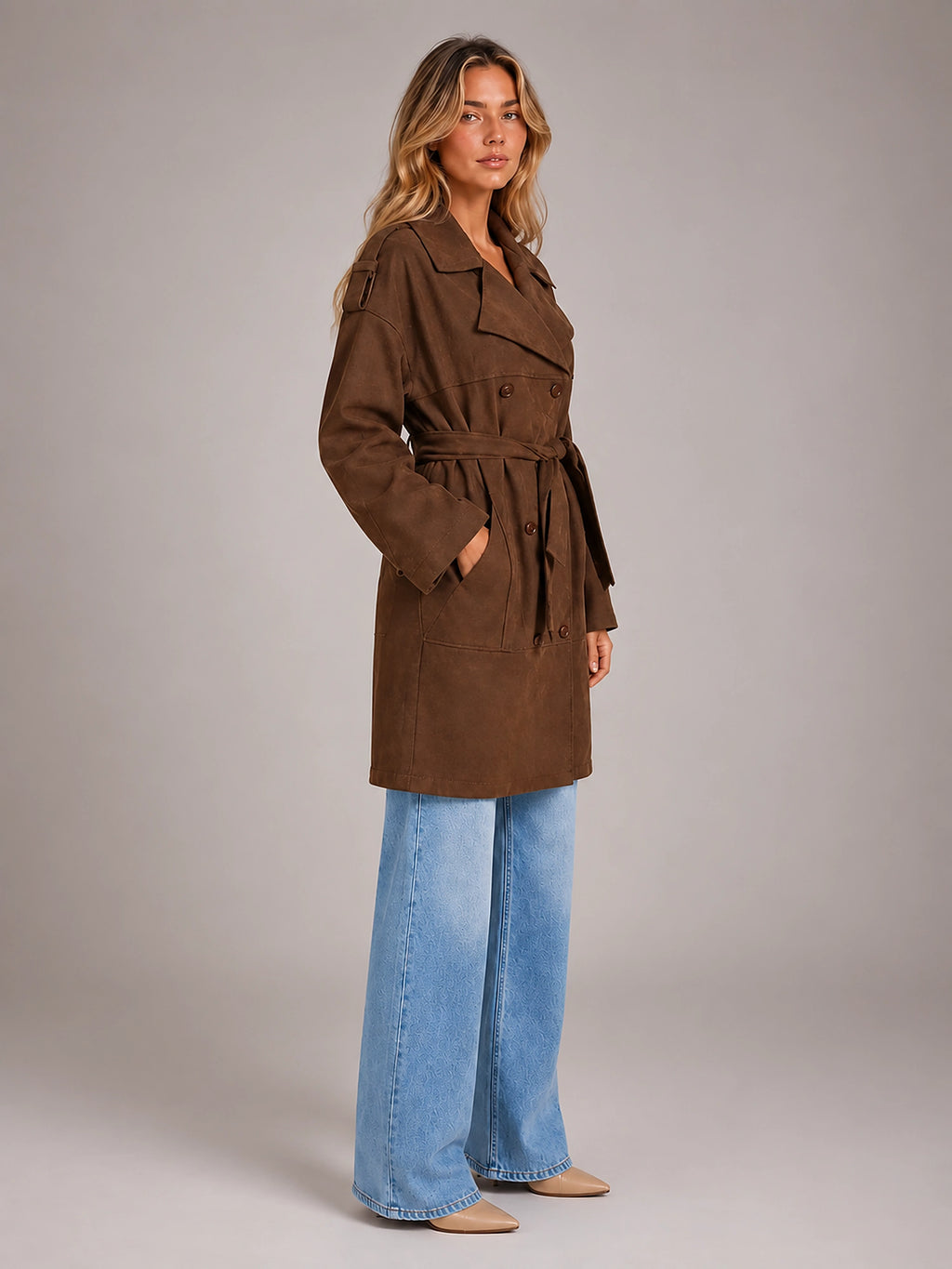 Women's Faux Suede Trench Coat – Long Belted - Brown