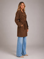 Women's Faux Suede Trench Coat – Long Belted - Brown