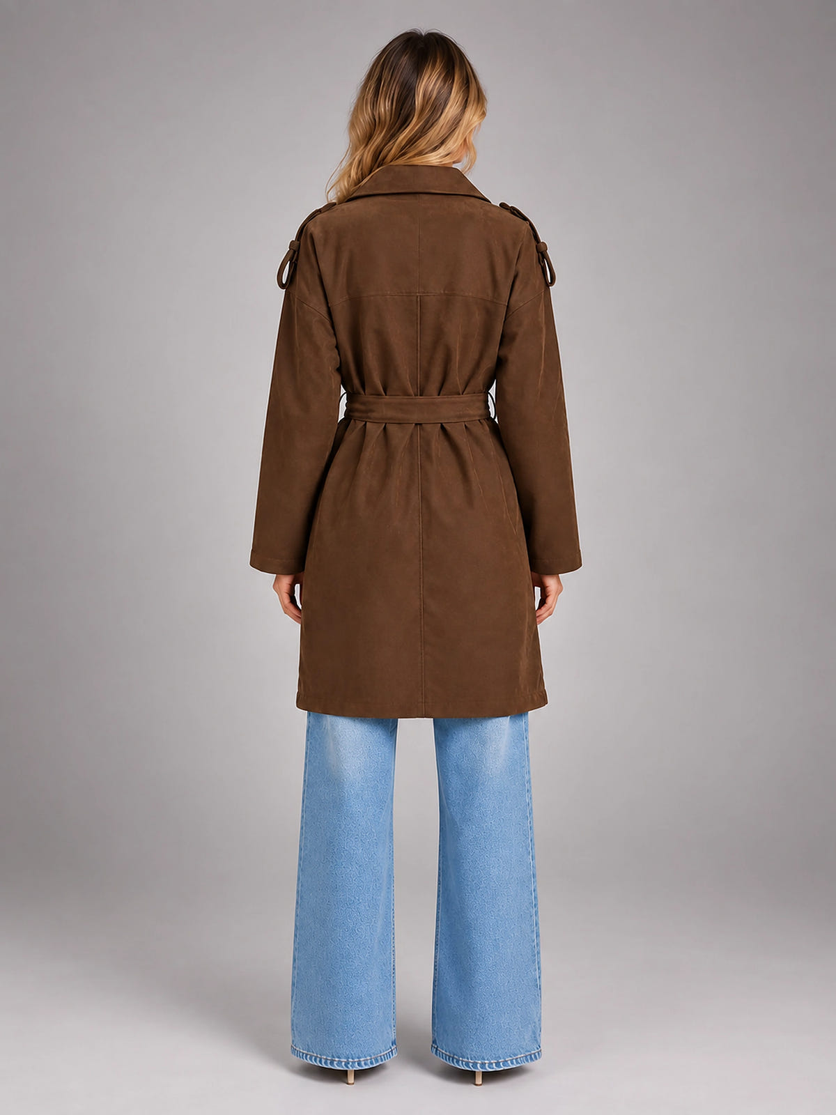 Women's Faux Suede Trench Coat – Long Belted - Brown
