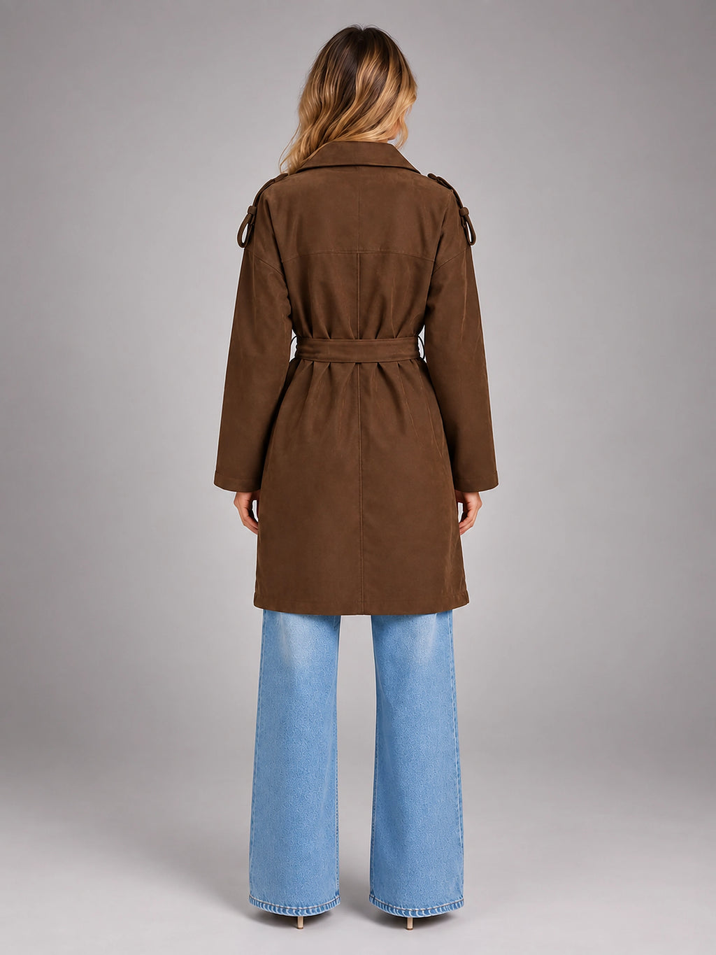 Women's Faux Suede Trench Coat – Long Belted - Brown