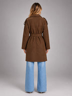 Women's Faux Suede Trench Coat – Long Belted - Brown