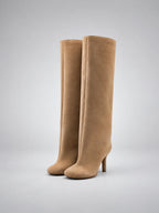 Women's Faux Suede Knee High Boots – Pointed Toe Heel - Beige