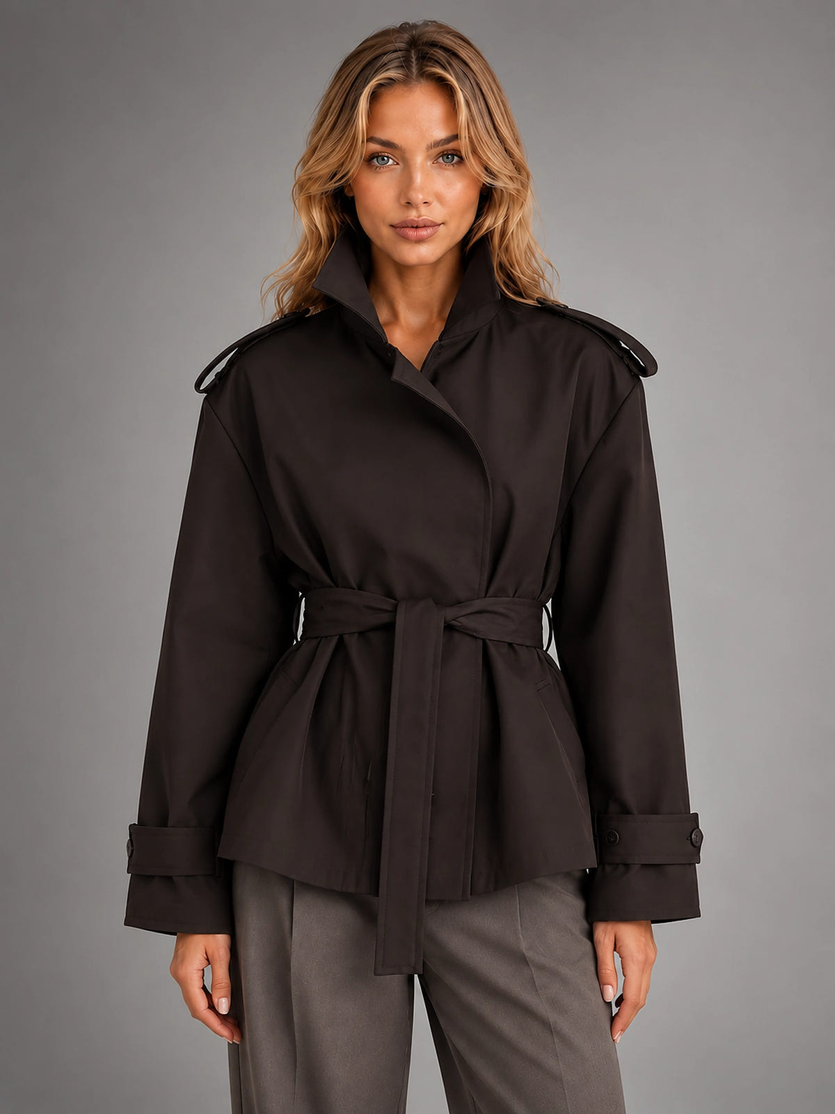 Women's Cropped Trench Jacket – Above Hip Tailored Shoulder - Brown