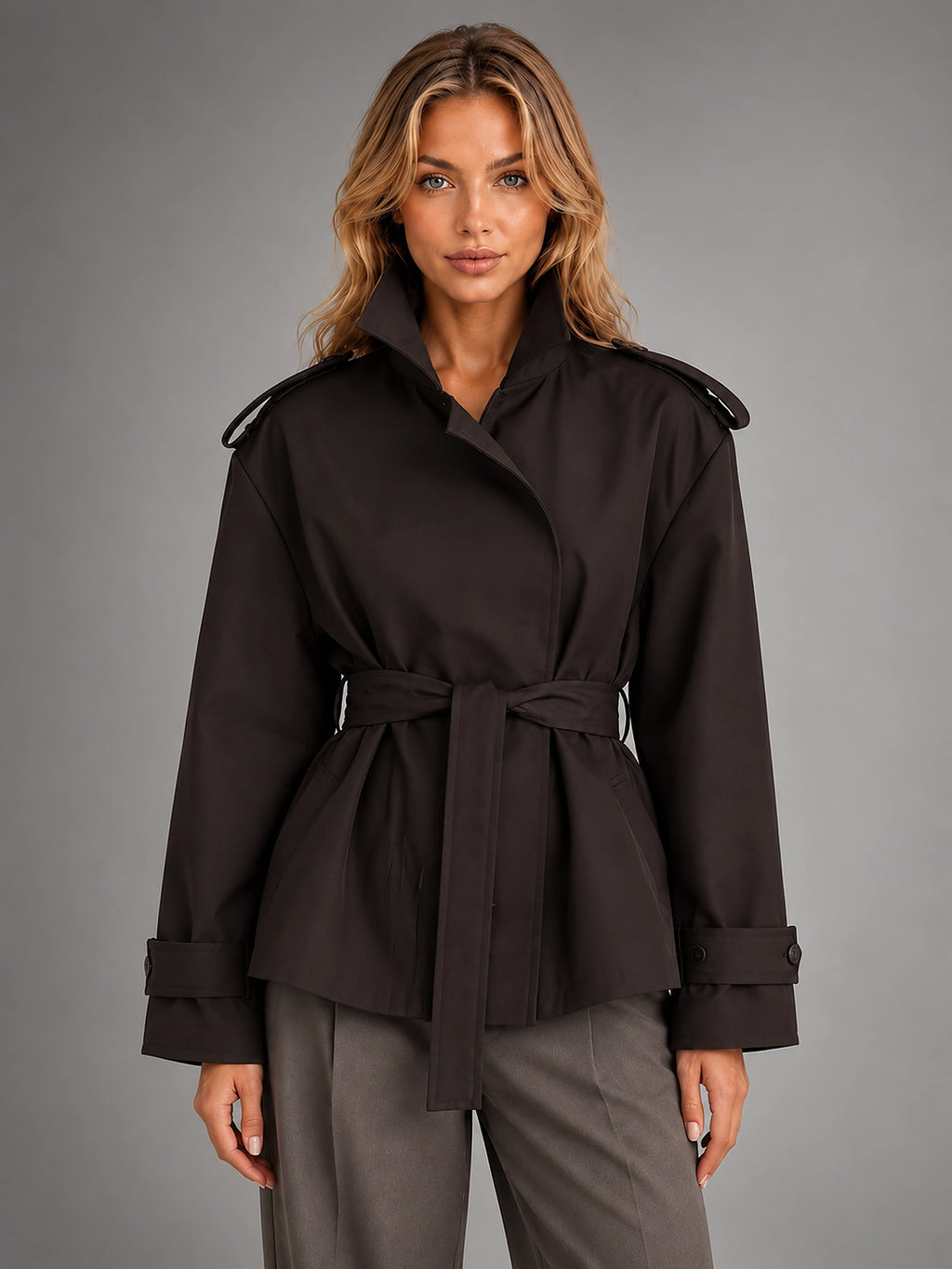 Women's Cropped Trench Jacket – Above Hip Tailored Shoulder - Brown