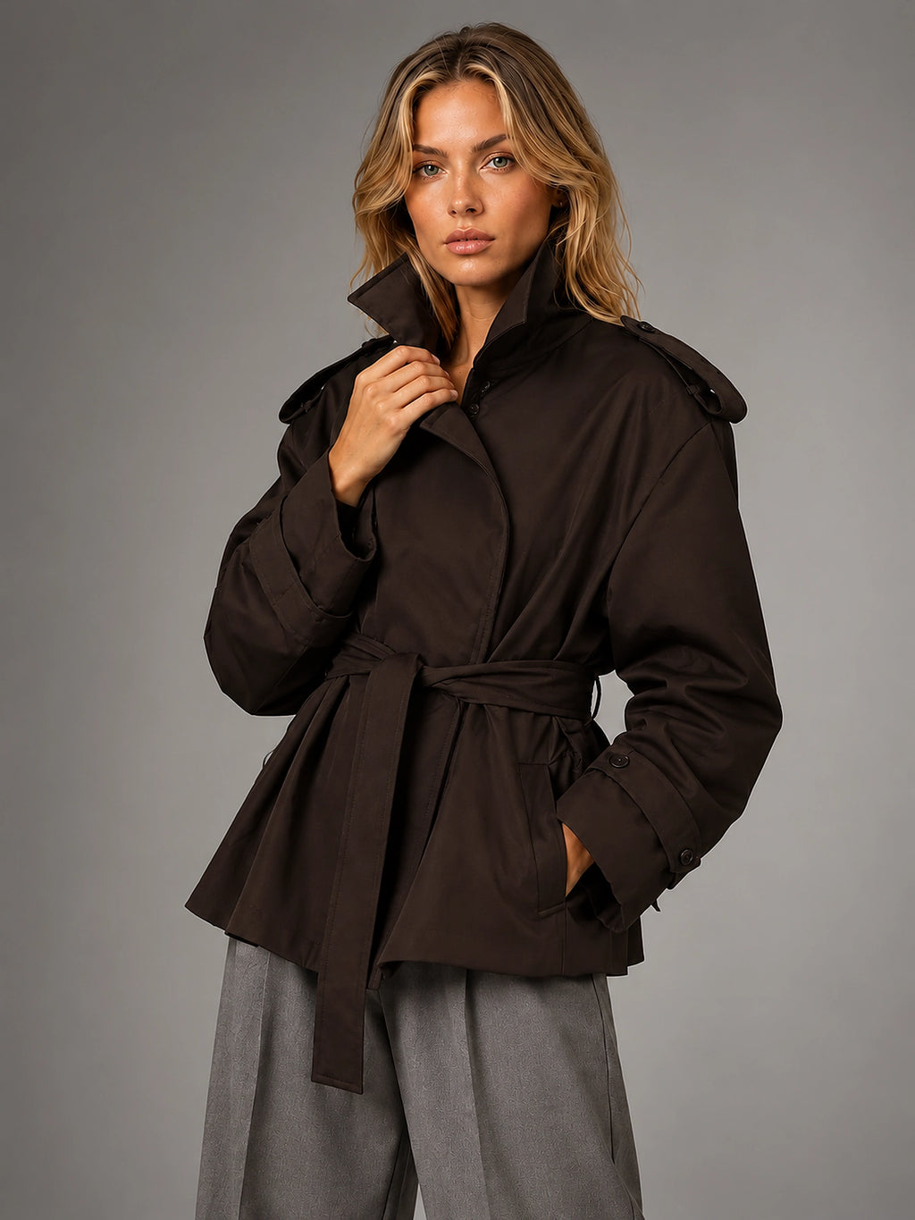 Women's Cropped Trench Jacket – Above Hip Tailored Shoulder - Brown