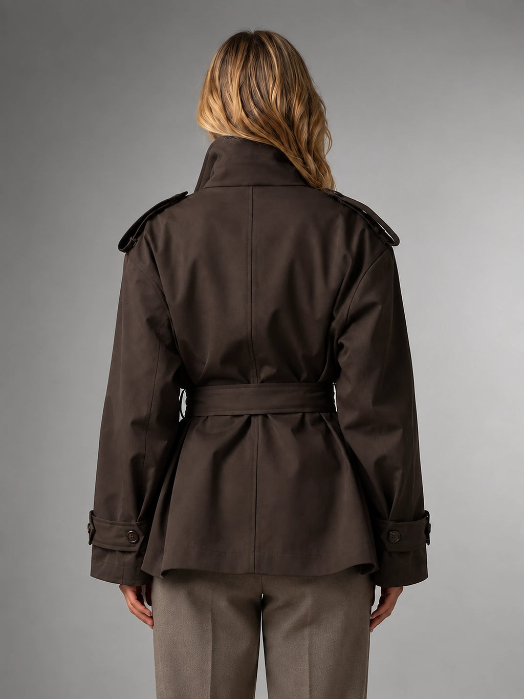 Women's Cropped Trench Jacket – Above Hip Tailored Shoulder - Brown