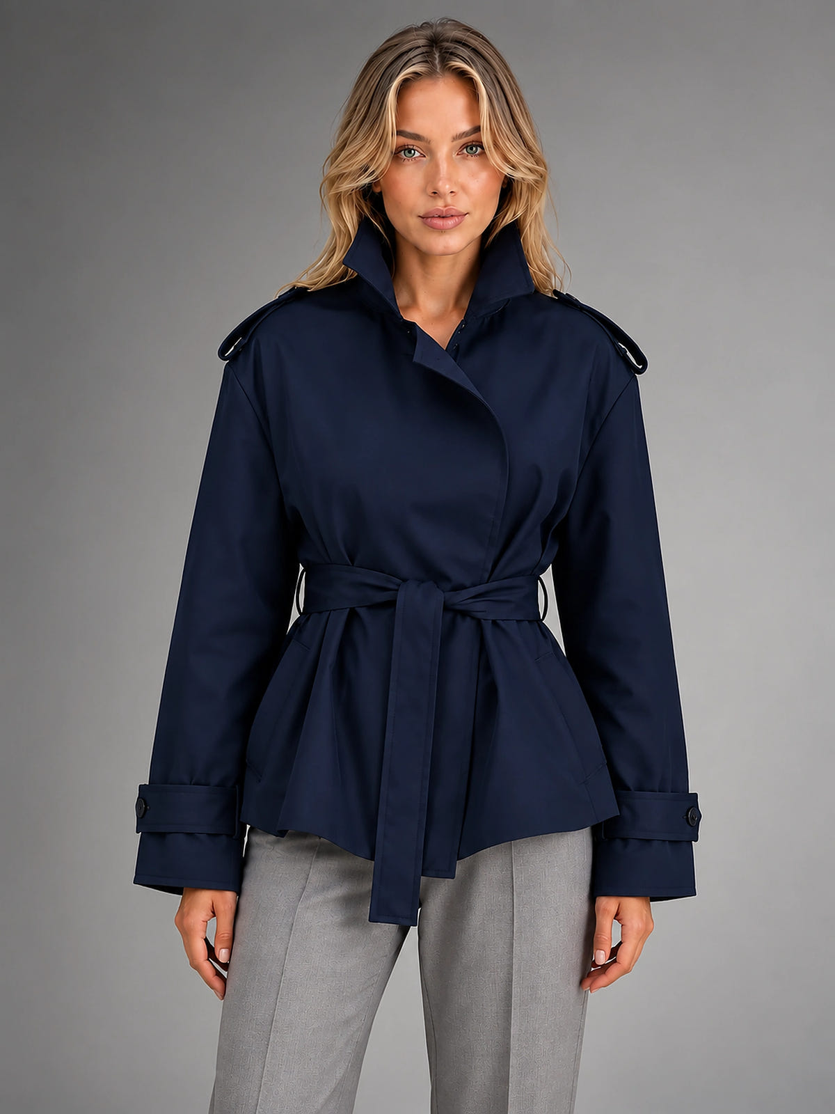 Women's Cropped Trench Jacket – Above Hip Tailored Shoulder - Navy