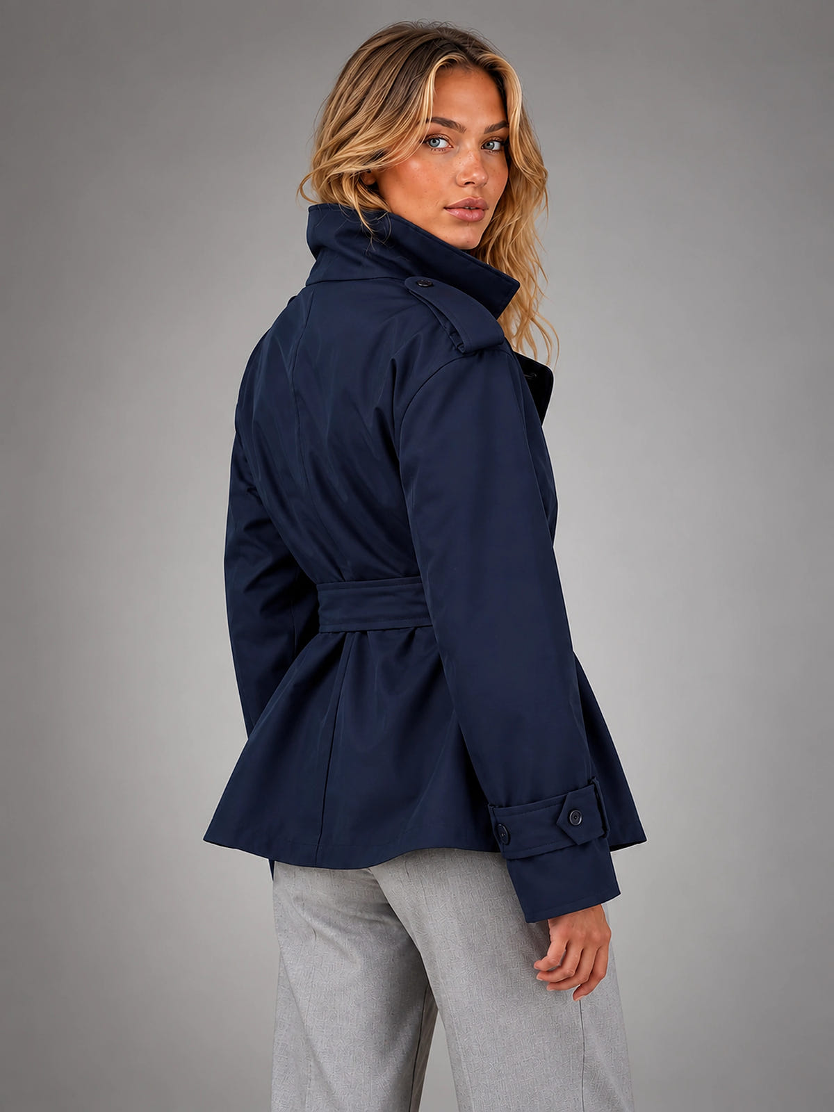 Women's Cropped Trench Jacket – Above Hip Tailored Shoulder - Navy