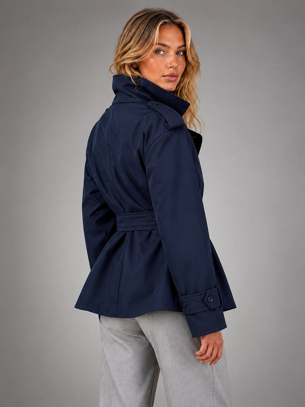 Women's Cropped Trench Jacket – Above Hip Tailored Shoulder - Navy