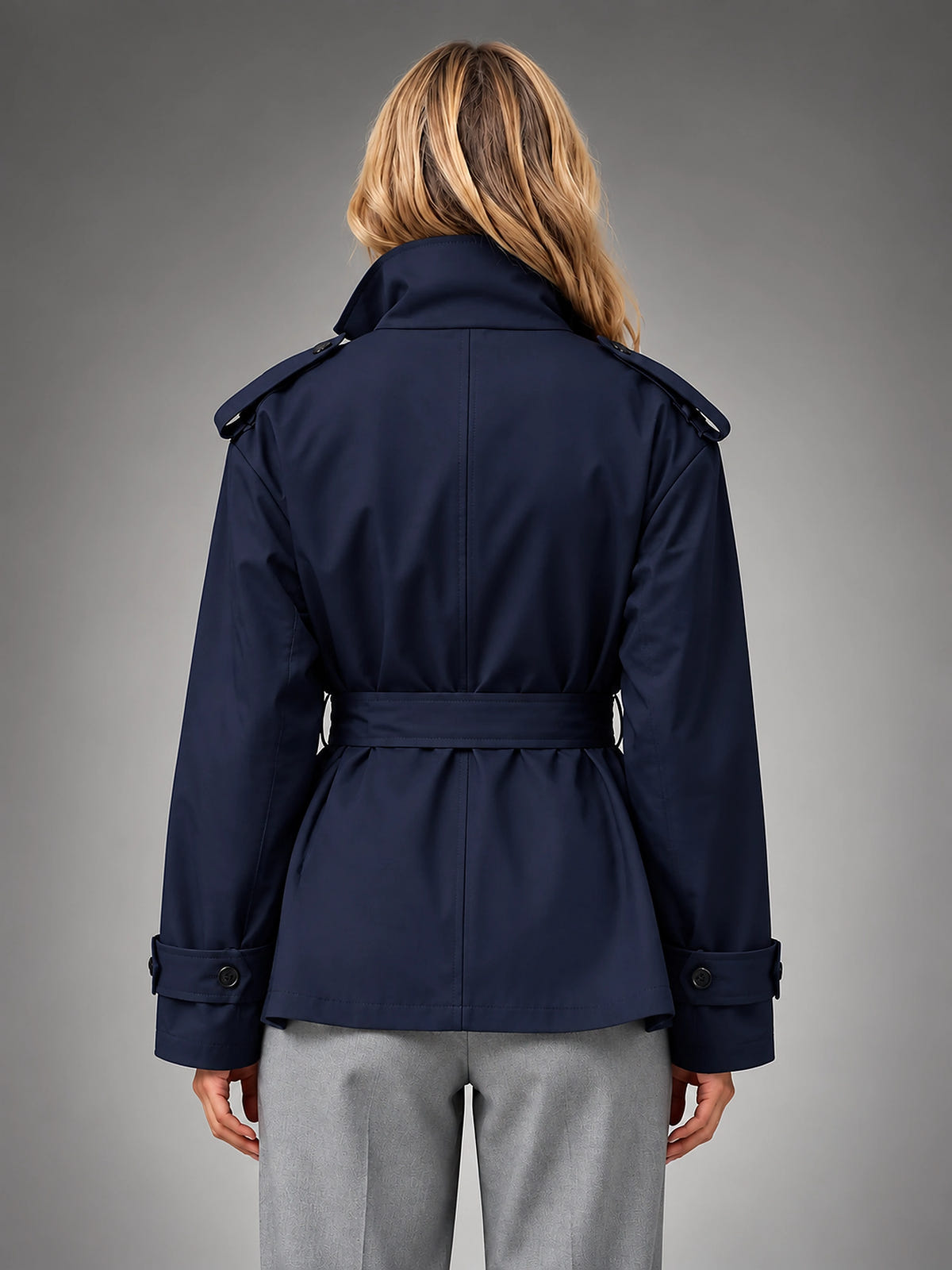 Women's Cropped Trench Jacket – Above Hip Tailored Shoulder - Navy