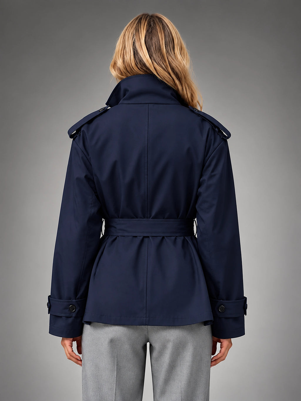 Women's Cropped Trench Jacket – Above Hip Tailored Shoulder - Navy
