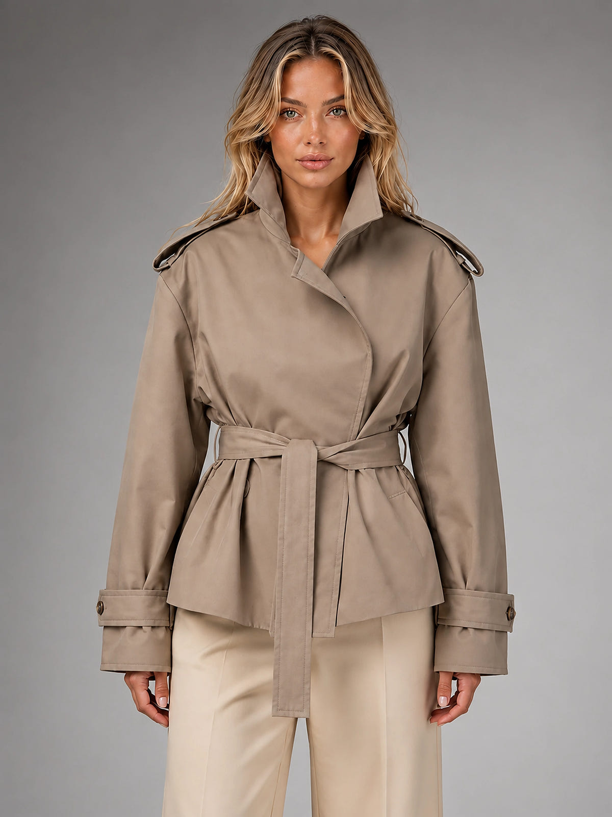 Women's Cropped Trench Jacket – Above Hip Tailored Shoulder - Taupe