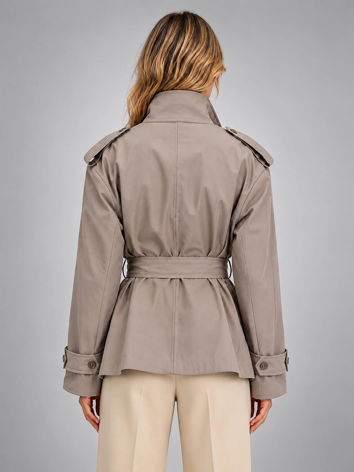 Women's Cropped Trench Jacket – Above Hip Tailored Shoulder - Taupe