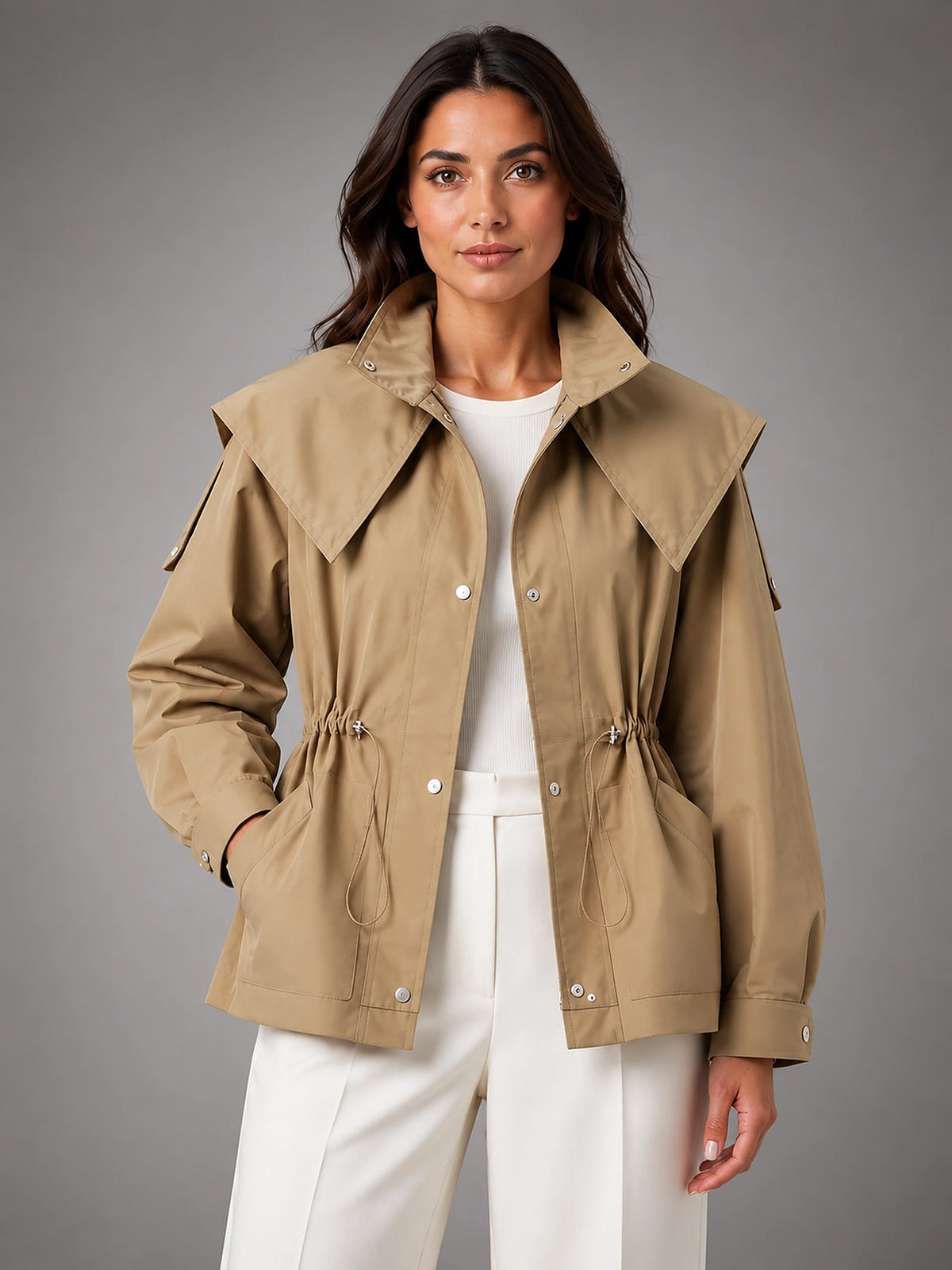 Women's Cropped Structured Jacket – Squared Shoulder Line - Beige