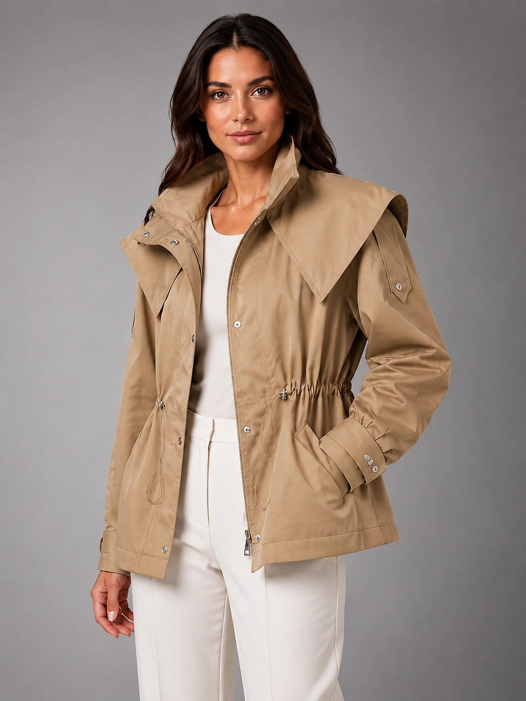 Women's Cropped Structured Jacket – Squared Shoulder Line - Beige
