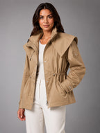 Women's Cropped Structured Jacket – Squared Shoulder Line - Beige