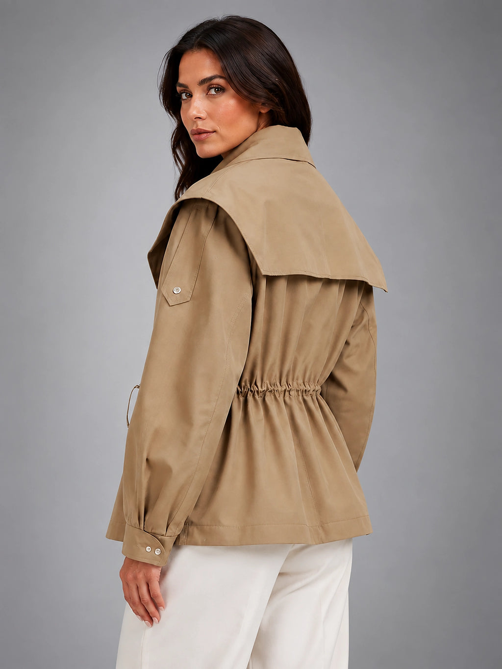 Women's Cropped Structured Jacket – Squared Shoulder Line - Beige