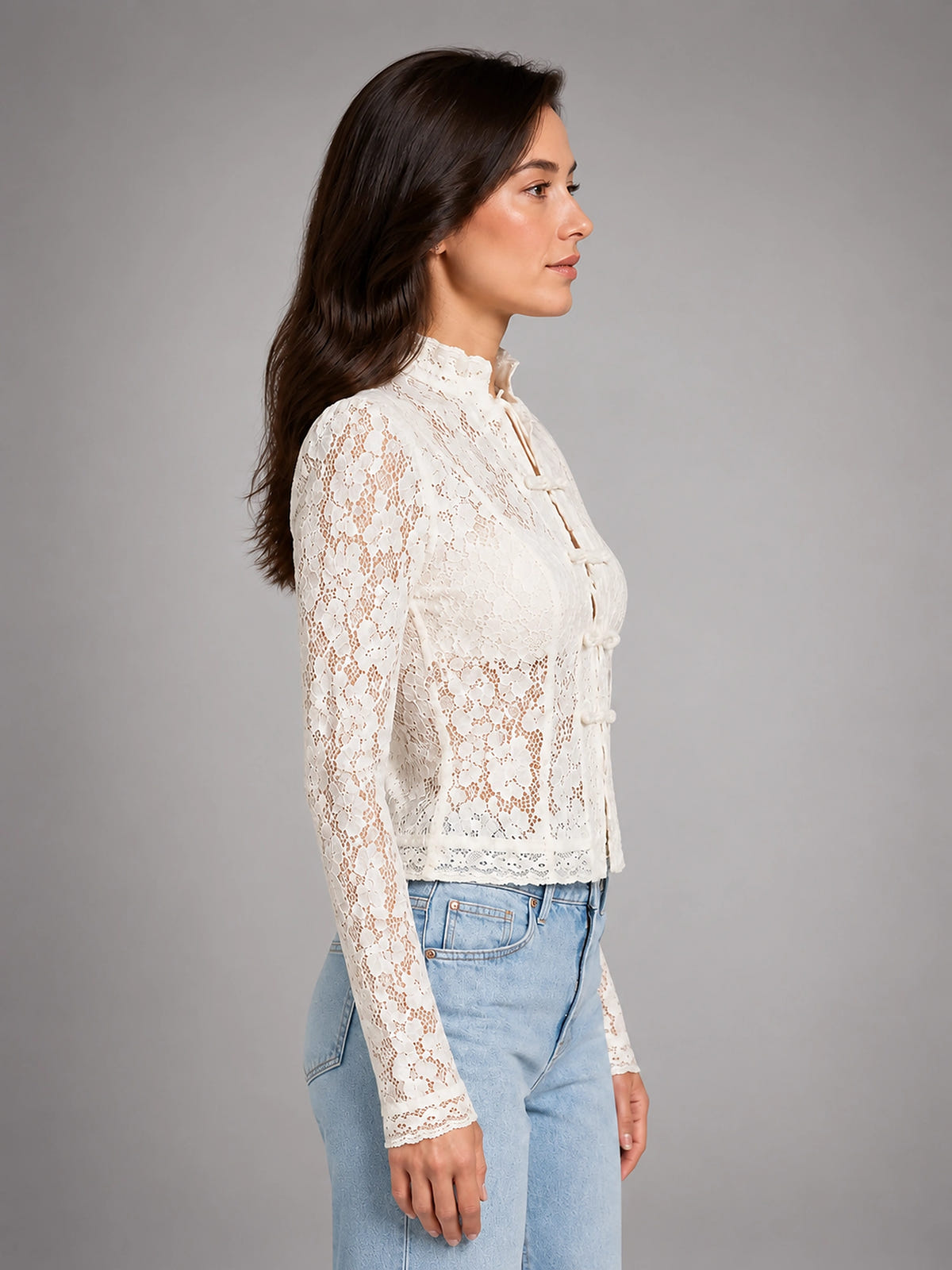 Women's Lace Blouse – Fine Close Worked Long Sleeve - White