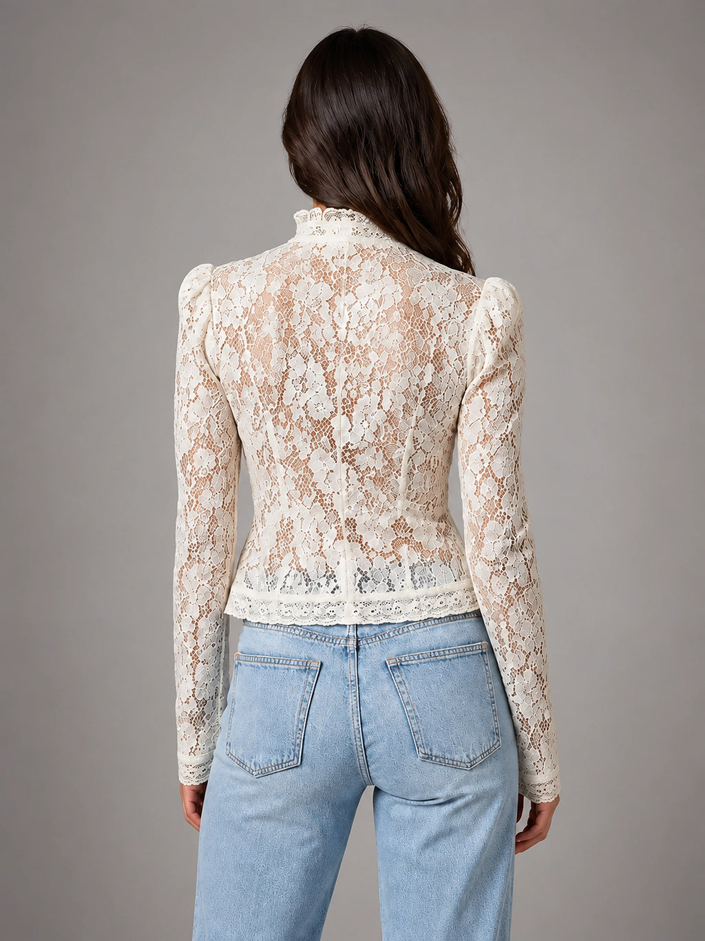 Women's Lace Blouse – Fine Close Worked Long Sleeve - White