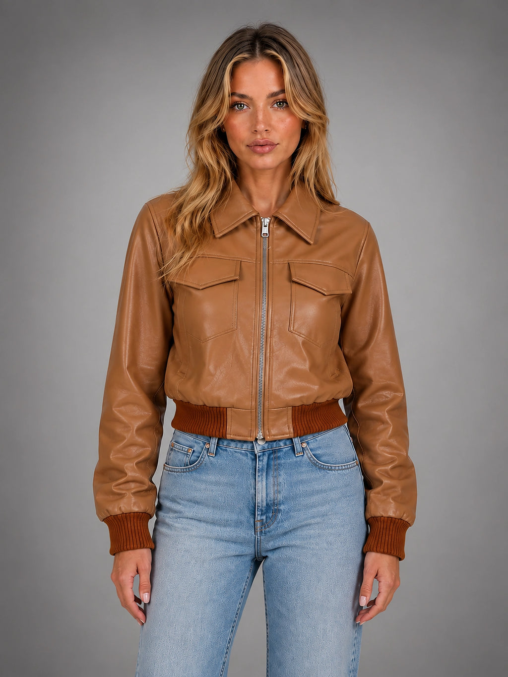 Women's Cropped Bomber Jacket – Relaxed Zip Up - Brown