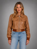 Women's Cropped Bomber Jacket – Relaxed Zip Up - Brown